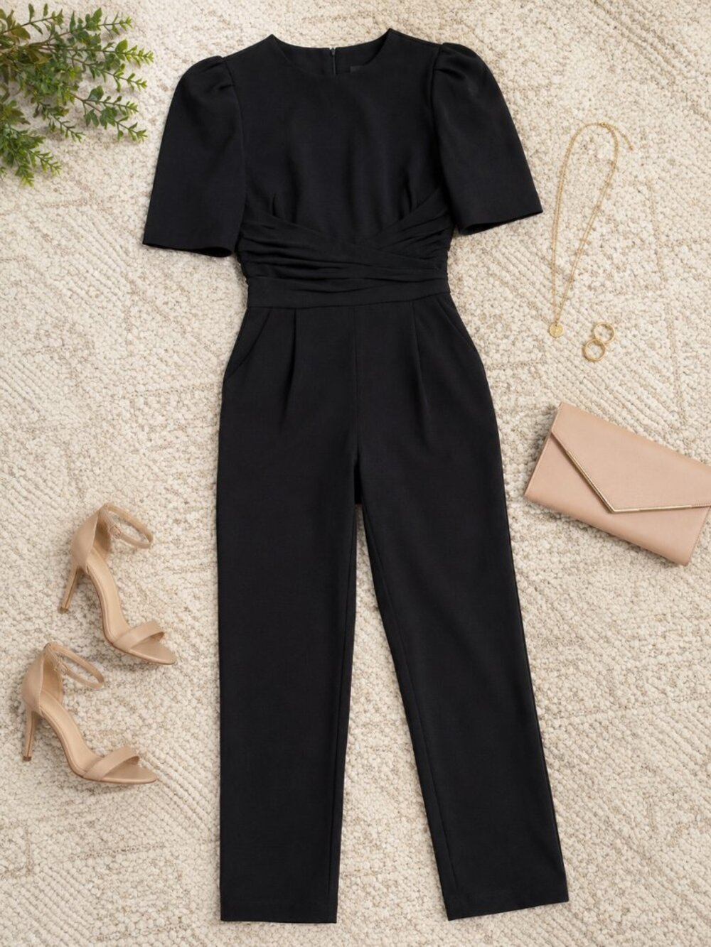 Eliza J Waist  PetiteTie Balloon Sleeve Crepe Jumpsuit, Size 0P - Black